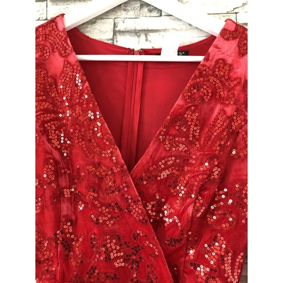 VENUS Vixen Ruby Red Velvet Sequin Mini Dress Faux Wrap Front Slit Lined Size 6 - Picture 6 of 12